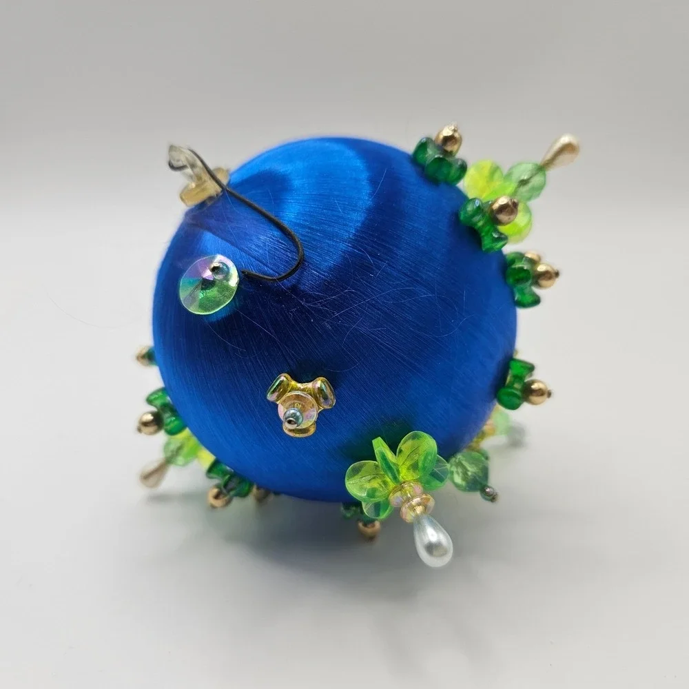 Vintage Blue Green Beaded Christmas Ornament Elegant Holiday Decoration Handmade